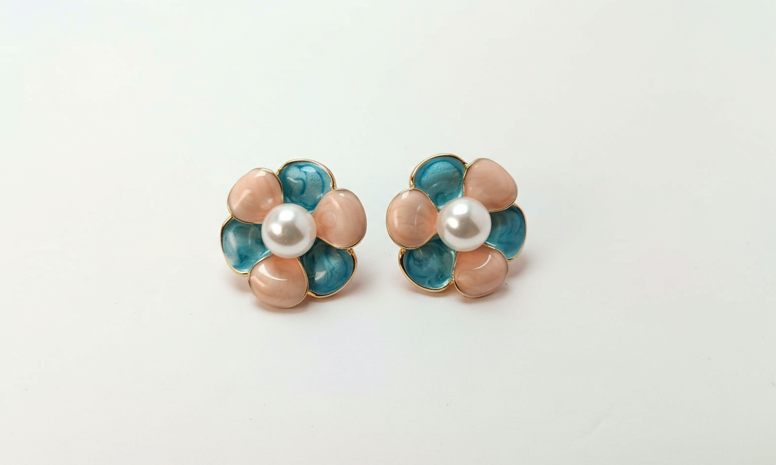 Floral Pearl Stud Earrings – Pastel Elegance